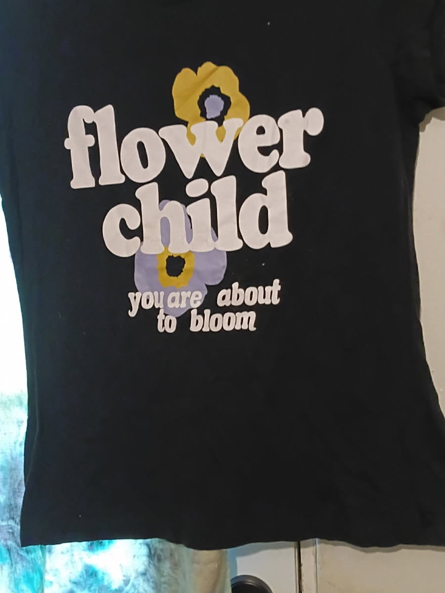 Wound Up Black "Flower Child" Tee With Yellow & Lavender Flowers